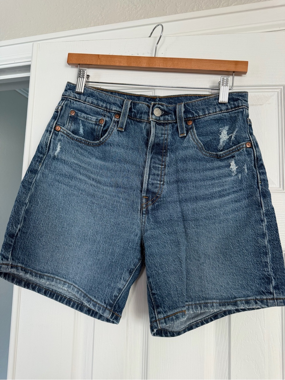 Levi's Dark Blue High-Rise Distressed Jean Shorts
